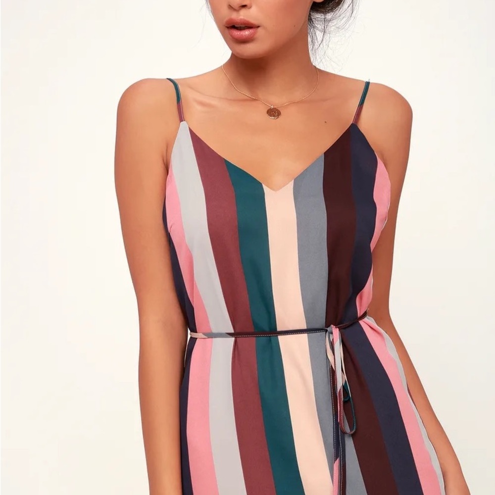 LuLu's Mauve Multi Stripe Belted MIDI Slip Dress- XL NWT